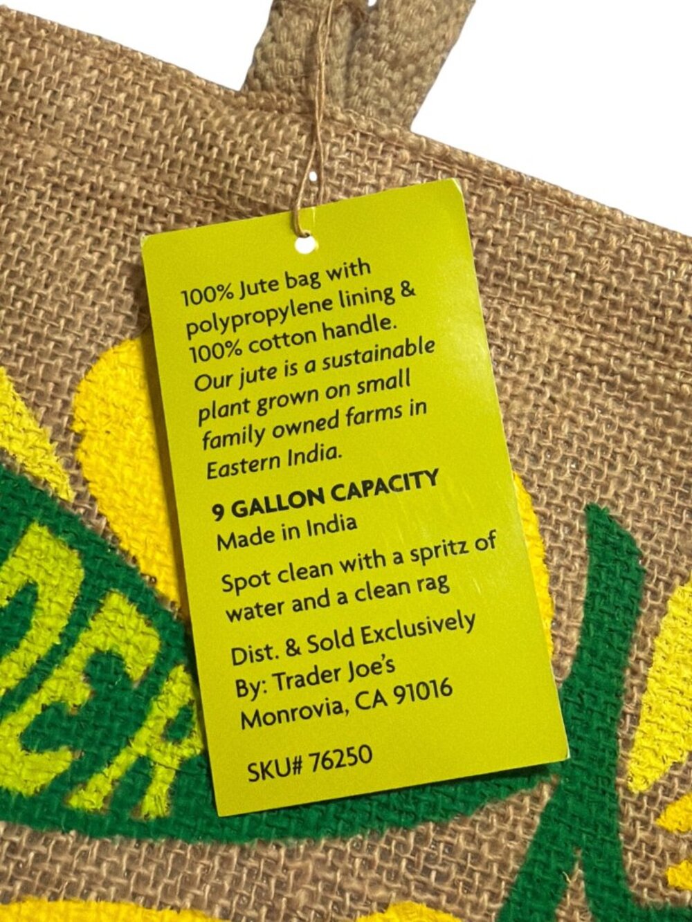 Trader Joes Lemon Lime Design Jute Tote Bag Cotton Handles Retired Citrus NWT - Picture 4 of 6